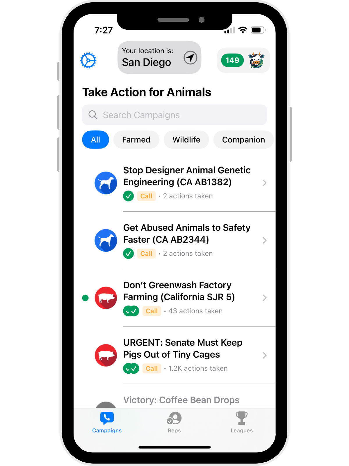 Action for Animals app showing campaigns in San Diego